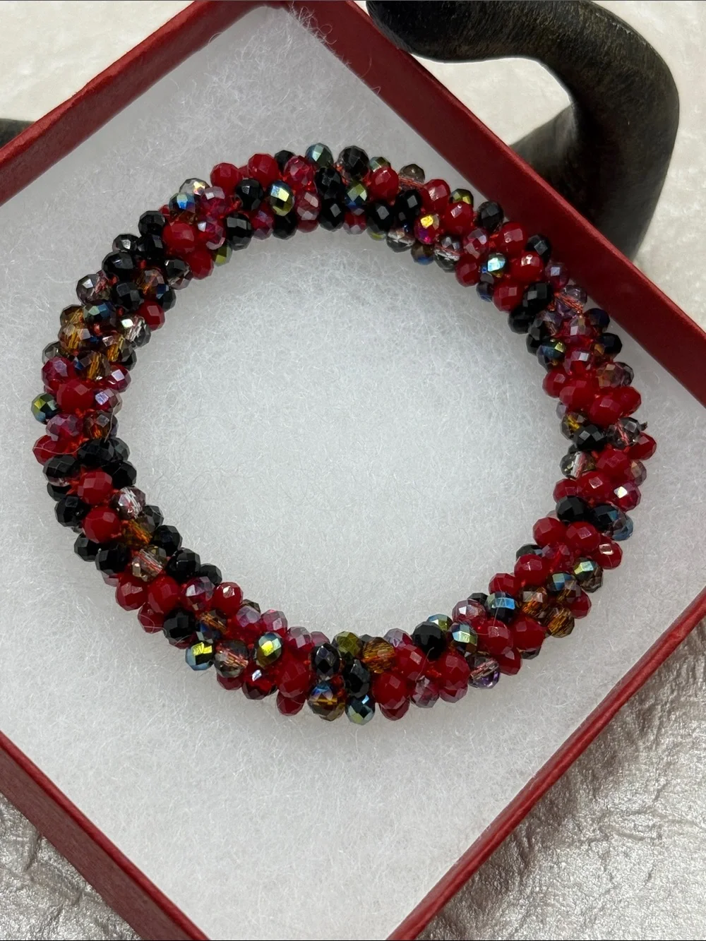 Desert Dancer Handcrafted Red & Black faceted mini Beaded Twist Stretch Bracelet